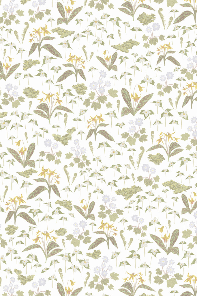 Close-up view of the Forest Blooms White wallpaper, featuring spring's lush foliage and blossoms, symbolizing the heartening transition from winter still here.