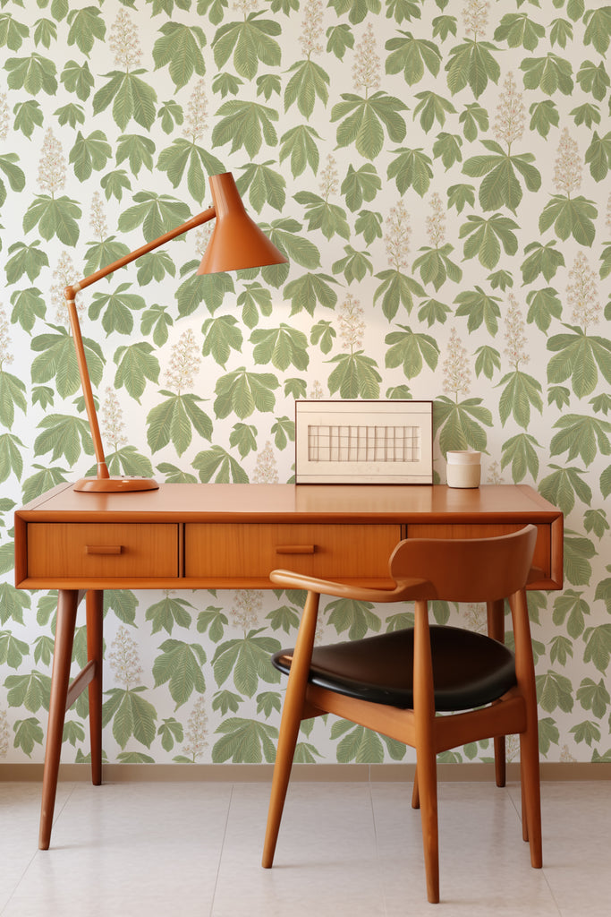Stylish workspace enhanced by the serene Horse Chestnut Blossom White wallpaper, perfect for creative minds.