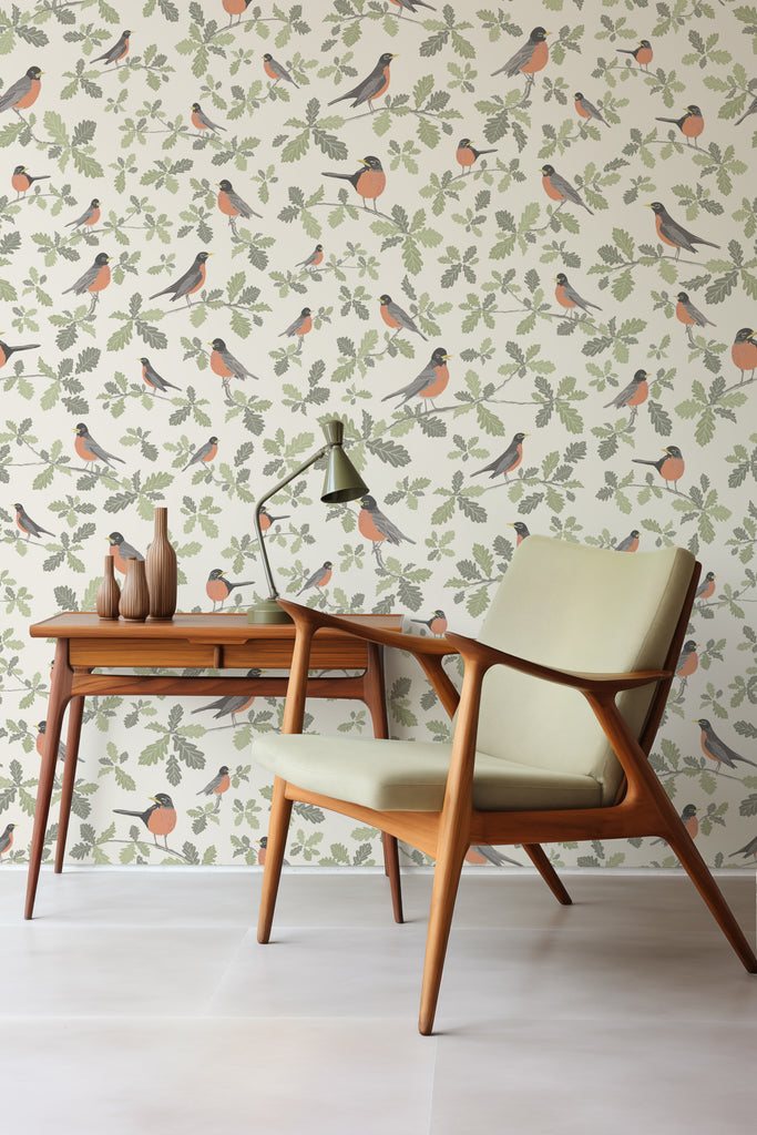 Mid-century modern chair and desk against the Robin Parchment wallpaper, a fusion of timeless design and natural elegance.