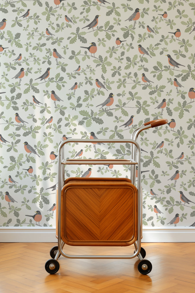 vintage serving cart set against the Robin Parchment wallpaper, exemplifying the wallpaper's versatility in home decor