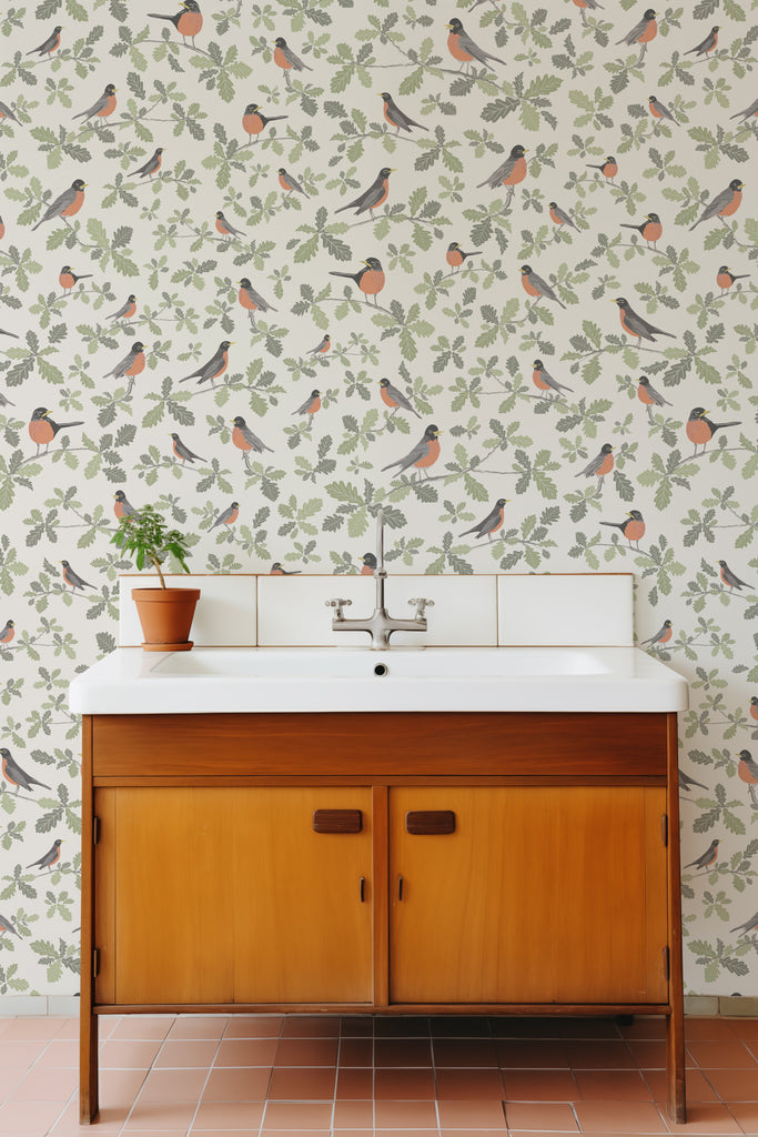 Kate Golding's Robin Parchment wallpaper in a stylish bathroom setting, marrying classic charm with nature's whimsy.