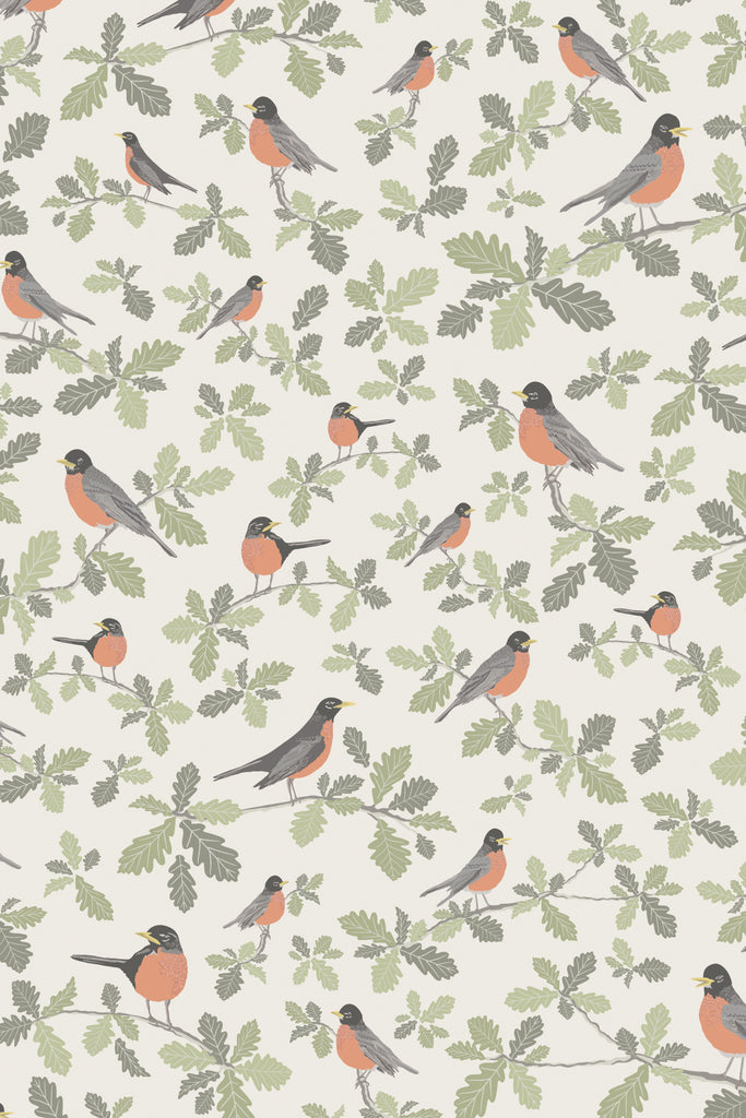 Detailed showcase of the Robin Parchment wallpaper by Kate Golding, featuring delicate robins amongst lush greenery.
