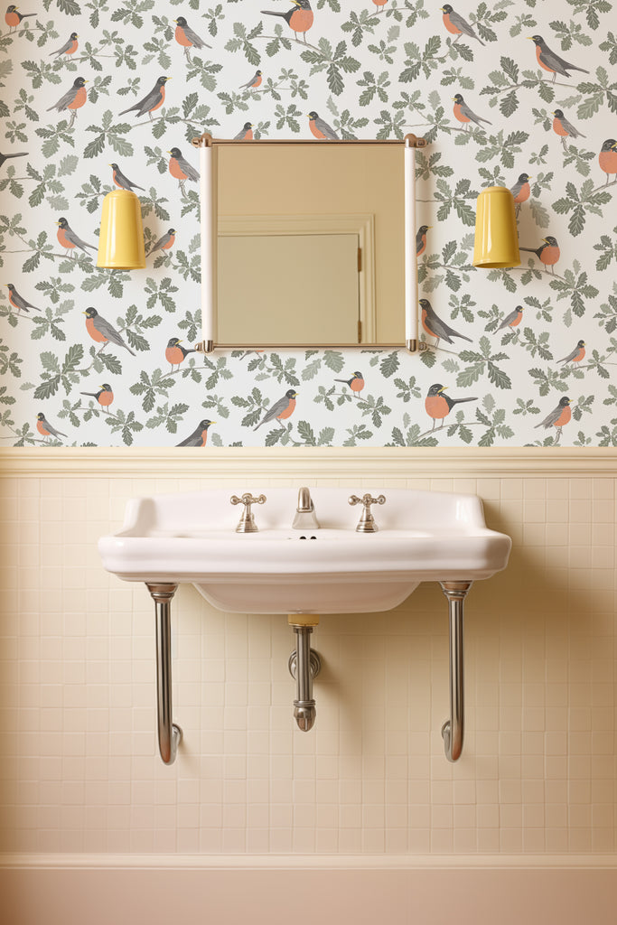 Charming bathroom accented with Kate Golding's Robin Silvery Grey wallpaper, blending the freshness of spring with the elegance of interior design.