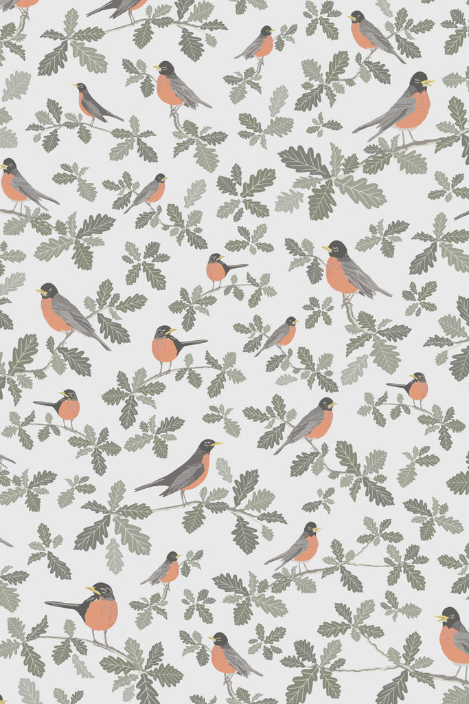 Close-up view of the Robin Silvery Grey wallpaper by Kate Golding, highlighting the intricate details of robins and foliage as a symbol of spring's awakening.