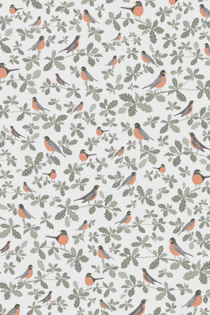 Full display of Kate Golding's Robin Silvery Grey wallpaper, showcasing the joyful dance of robins among spring leaves, embodying the bustle of new life.