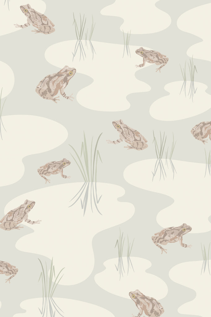 Subtle Spring Peeper Cream pattern by Kate Golding, displaying the serene cream backdrop with detailed frog illustrations.