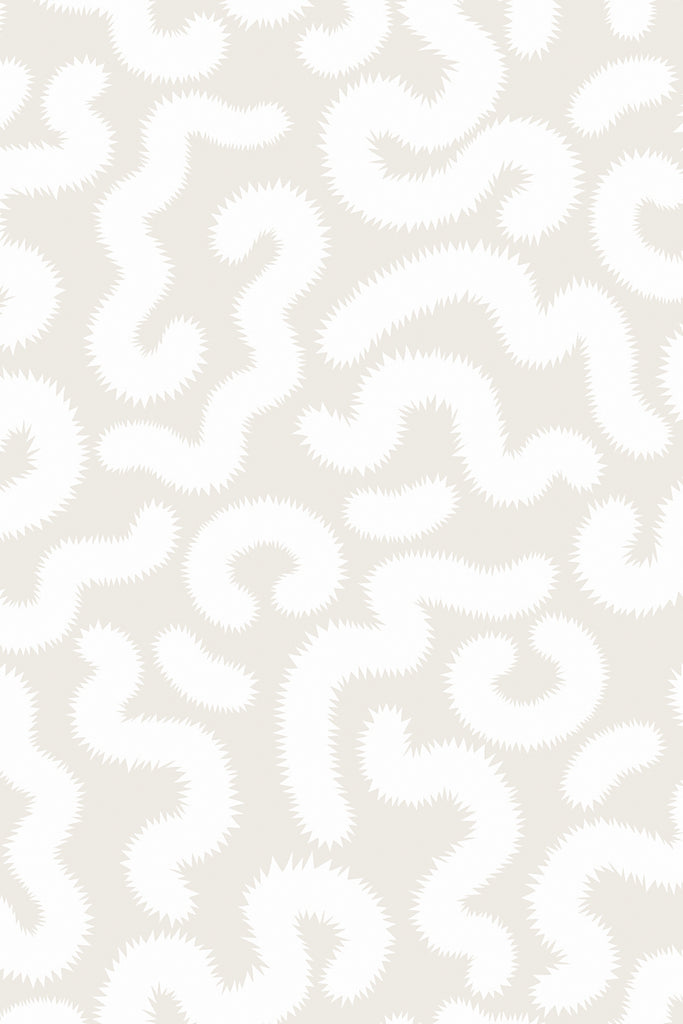 Close-up detail of Kate Golding's Spring Pop Parchment wallpaper, highlighting the delicate and intricate caterpillar motif against a soft parchment background.