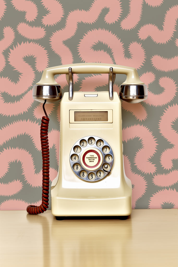 Detail of Kate Golding's Spring Pop Pink and Khaki wallpaper with an old phone , illustrating the wallpaper's texture and vibrant design up close.