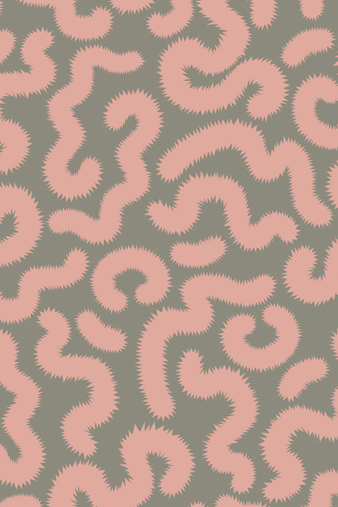Close-up view of the playful caterpillar motif in the Spring Pop Pink and Khaki wallpaper by Kate Golding, revealing intricate design details.