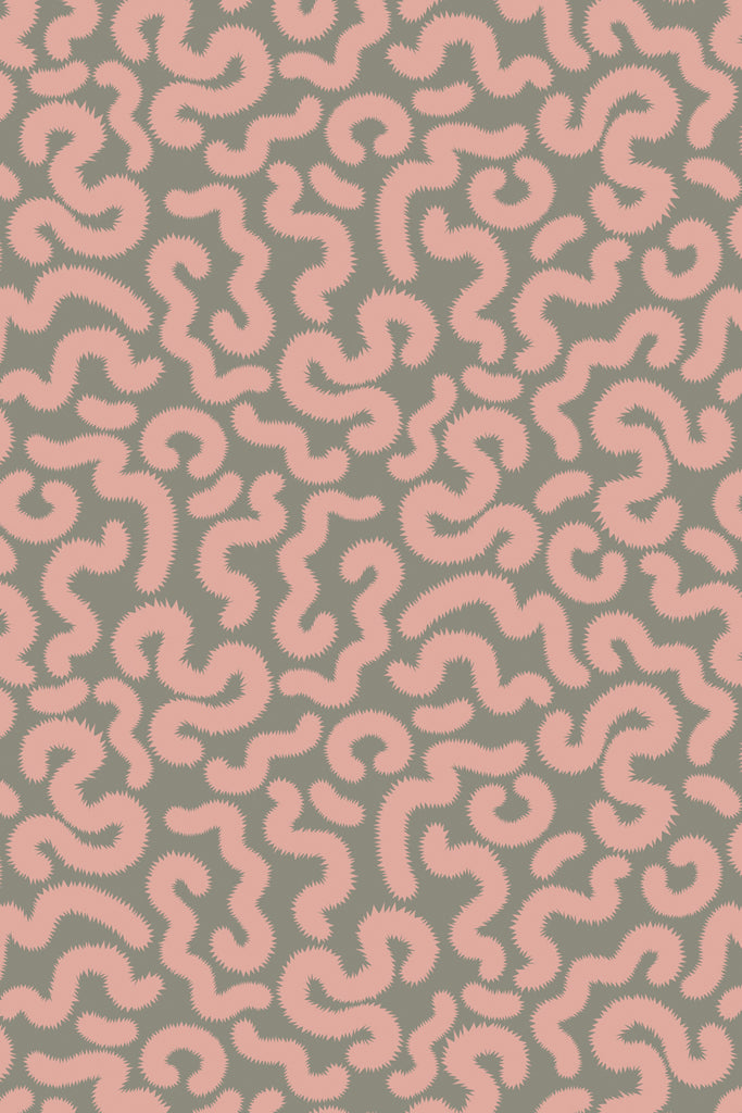 Slightly distant view of Kate Golding's Spring Pop Pink and Khaki wallpaper, showcasing the full pattern's effect in a minimalistic setting.