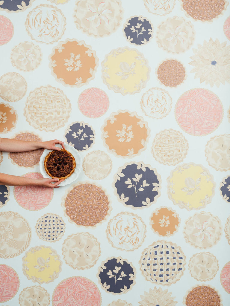 Fun and lively Pie Wallpaper showcasing a variety of pies, perfect for a unique and cheerful kitchen makeover.