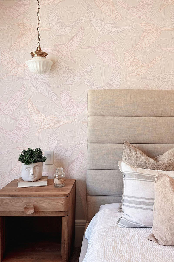 Bluebird Dawn Wallpaper with soft pastel colors and delicate bird and floral motifs, creating a peaceful and fresh ambiance for any room.