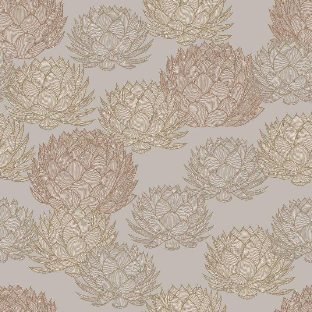 Close-up of Perry's Agave Agave Wallpaper featuring detailed rosette succulent patterns in soft gold, beige, and gray hues for home decor.