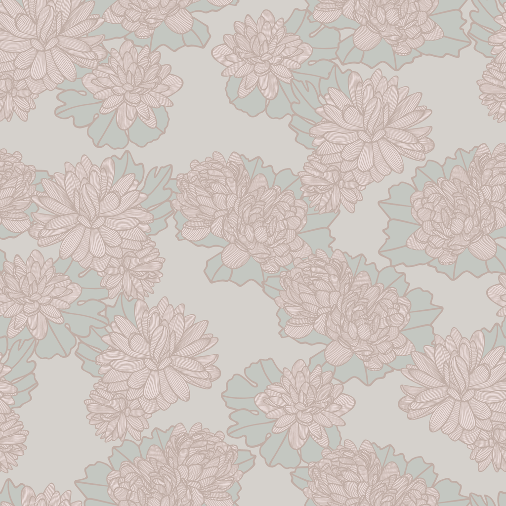 Plena Golden Breathe Wallpaper with delicate double flowers and scalloped leaves in soft gold and blue tones, perfect for modern interiors.