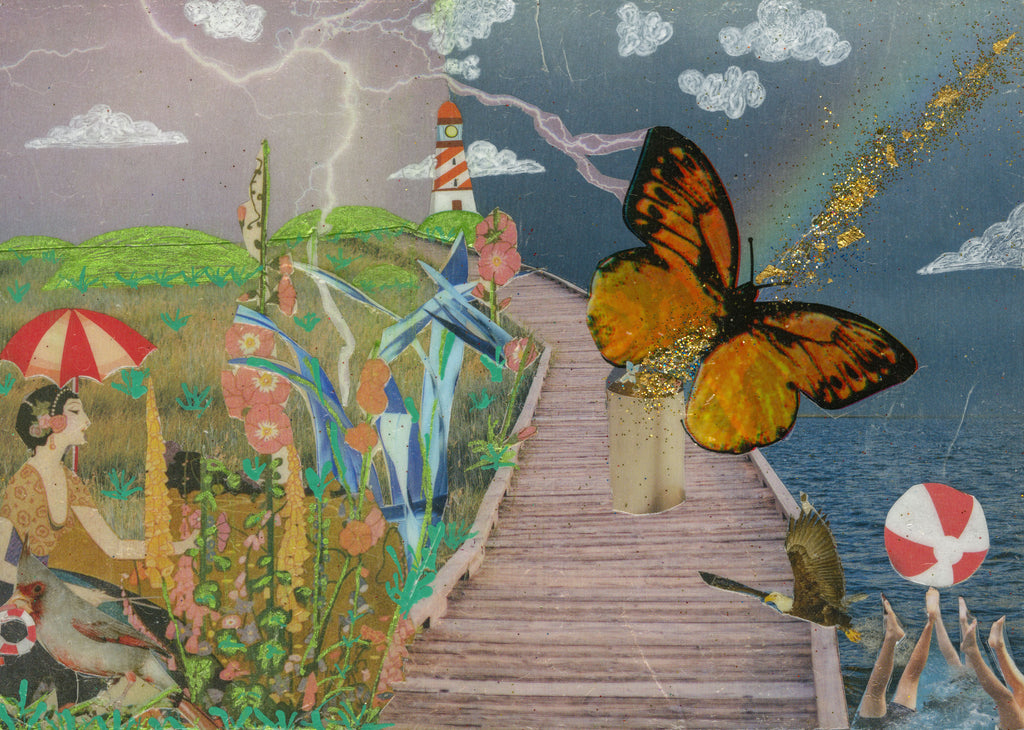 STORYBOARD NO. 13 - RAINBOW’S END wallpaper features a surreal collage with a butterfly, boardwalk, lightning, and garden elements. Ideal for eclectic interiors.