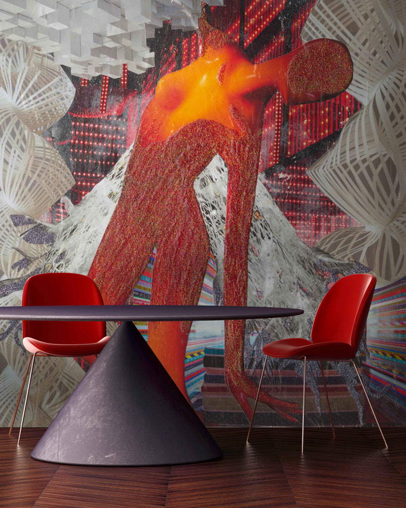 STORYBOARD NO. 14 - RED ANGEL LANDING wallpaper features a glowing red angel descending in a dynamic, abstract cityscape with silver-tipped wings.