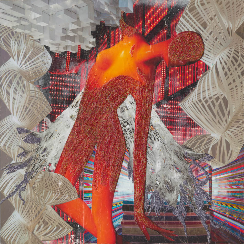 STORYBOARD NO. 14 - RED ANGEL LANDING wallpaper features a glowing red angel figure descending into a vibrant, futuristic cityscape with silver-tipped wings.