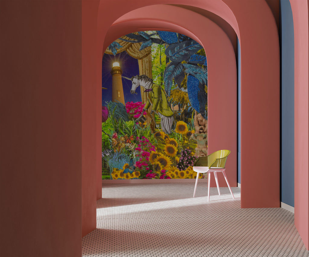 STORYBOARD NO. 14 - RED ANGEL LANDING wallpaper featuring a surreal red angel descending into a vibrant cityscape with sunflowers and mystical elements.