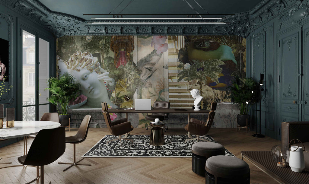 STORYBOARD NO. 1 - FRAMING FAITH wallpaper features a surreal collage of classical sculptures, jungle elements, and abstract imagery in a luxurious office setting. This bold and artistic wall mural blends modern and ancient aesthetics, ideal for eclectic interior design themes.