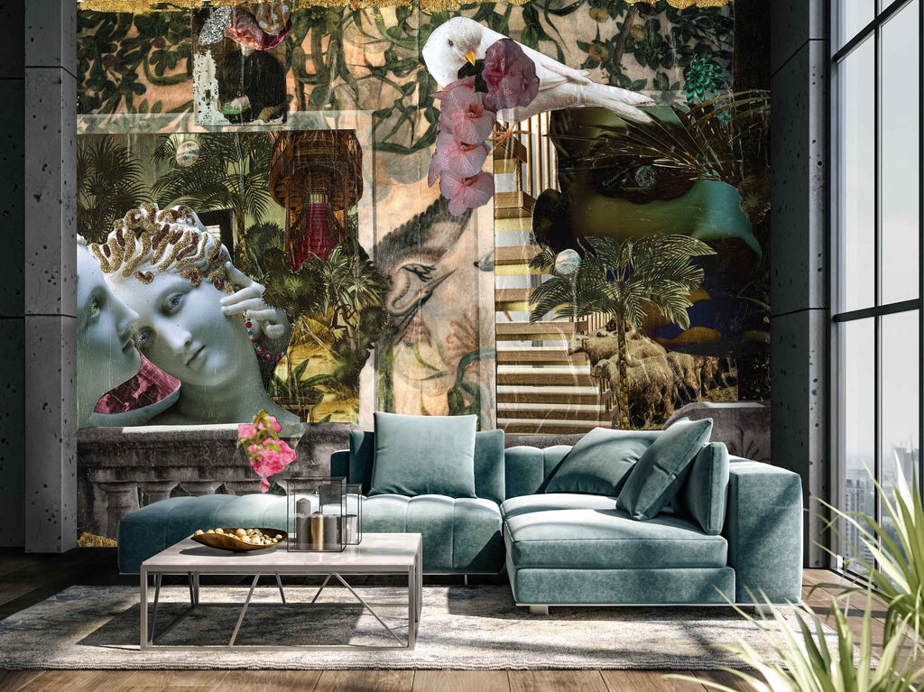 STORYBOARD NO. 1 - FRAMING FAITH wallpaper features a surreal collage of classical sculptures, tropical flora, and symbolic imagery in a modern living room. The design blends ancient and contemporary elements, evoking themes of faith, contrast, and introspection.