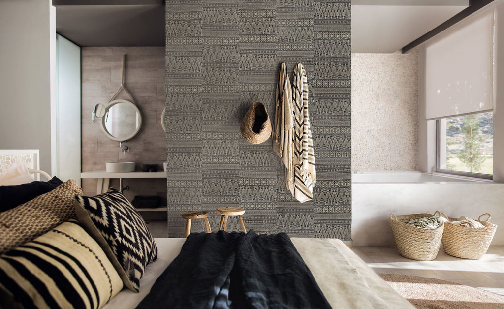 Dark Grey Aztec Embroidery Wallpaper - WYNIL by NumerArt Wallpaper and Art