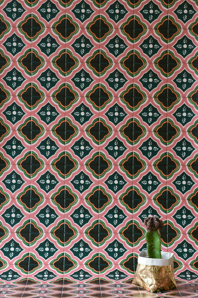 Green & Pink Azulejos Wallpaper - WYNIL by NumerArt Wallpaper and Art