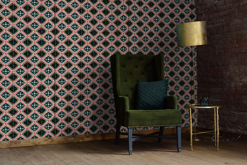 Green & Pink Azulejos Wallpaper - WYNIL by NumerArt Wallpaper and Art