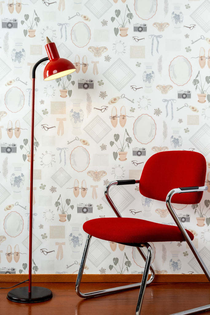 Wallpaper featuring shoes, a plant, butterflies, and a camera – designed by Kate Golding for Wynil