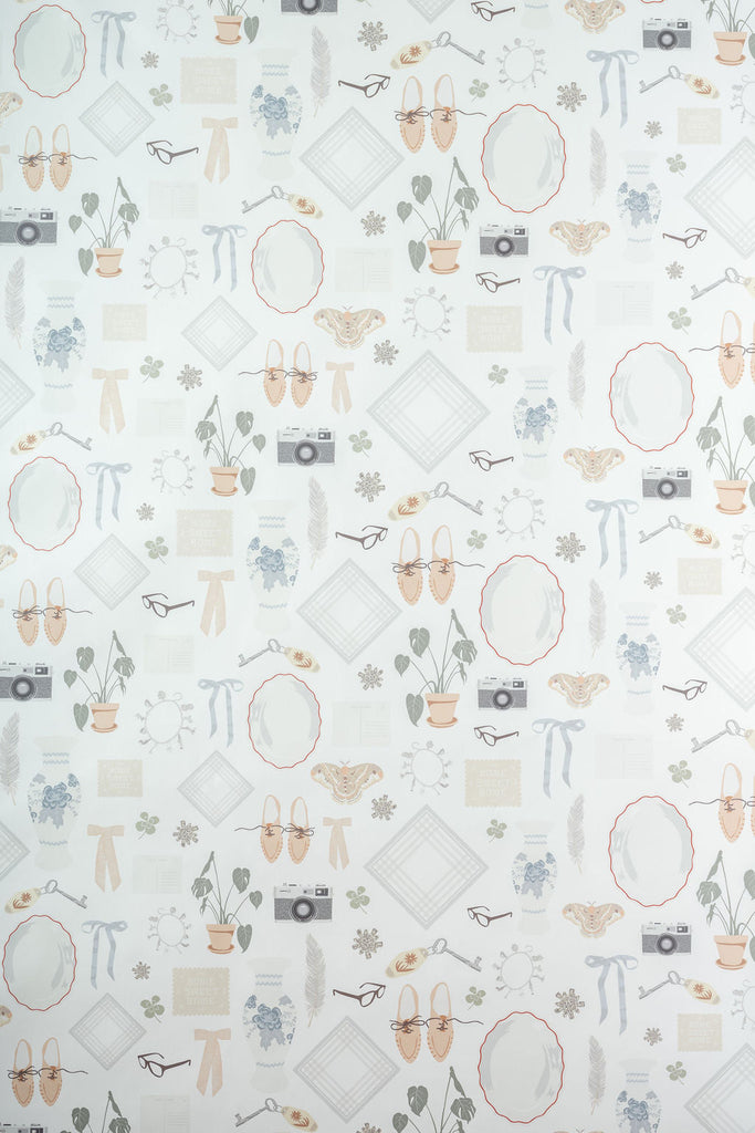 Wallpaper featuring shoes, a plant, butterflies, and a camera – designed by Kate Golding for Wynil