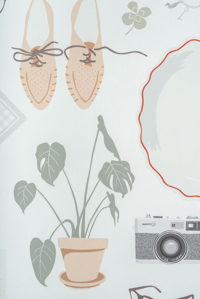 Close up Wallpaper featuring shoes, a plant, butterflies, and a camera – designed by Kate Golding for Wynil