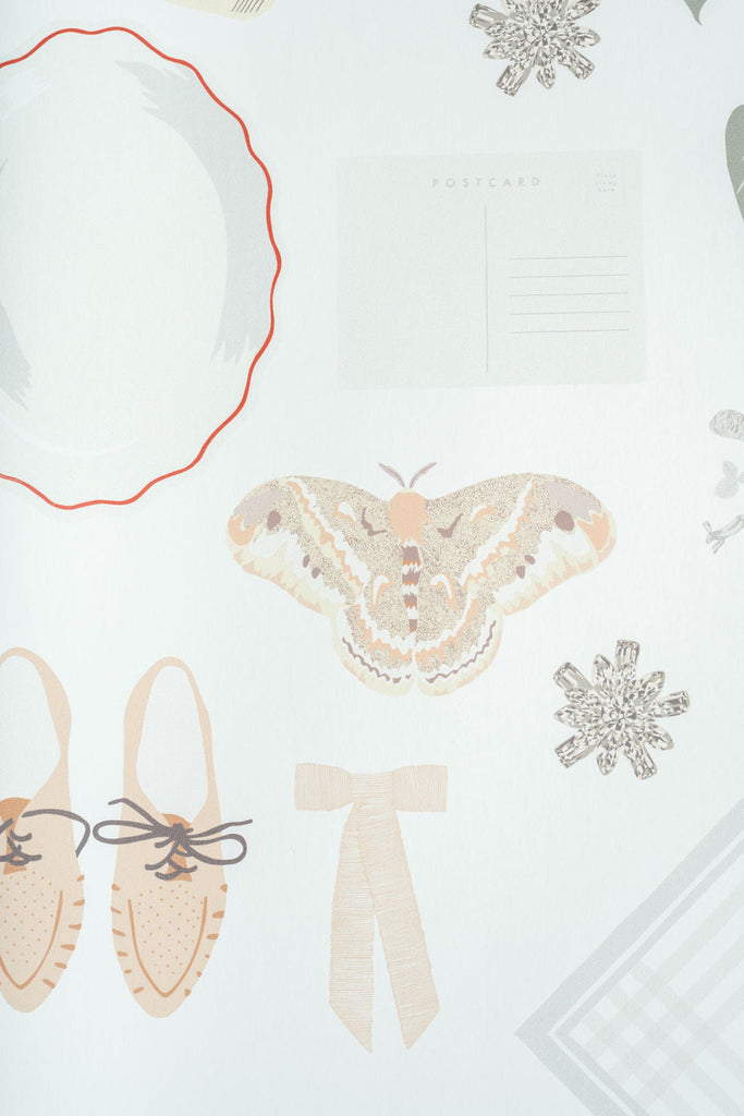 Wallpaper featuring shoes, a bow, butterflies, and a frame– designed by Kate Golding for Wynil